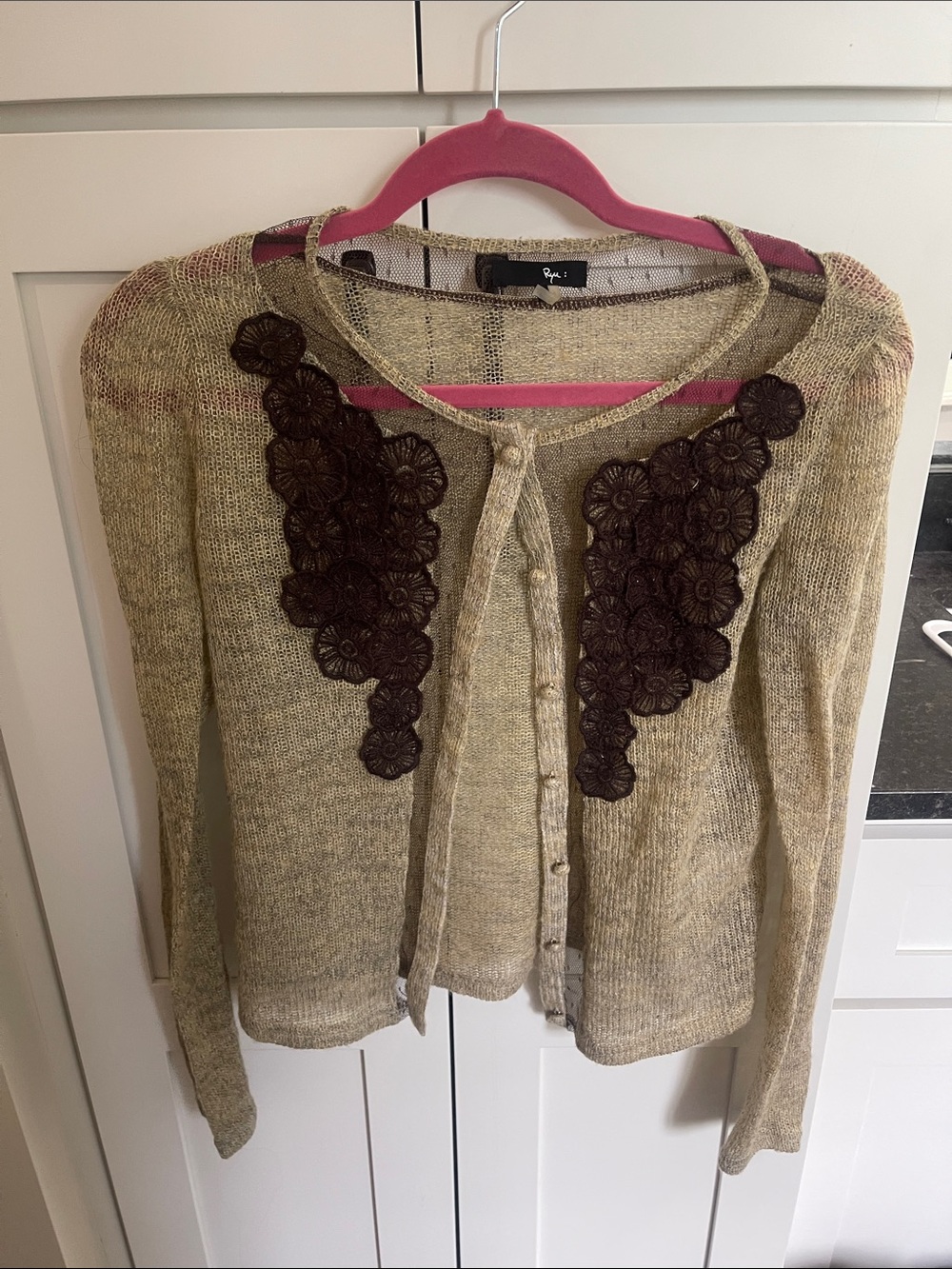 Rye Beige Cardigan with Dark Brown Floral Appliqué